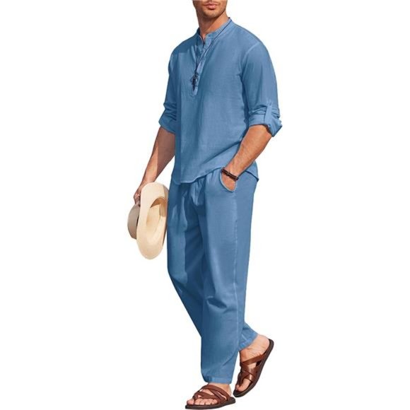 Men's 2 Pieces Cotton Linen Set Long Sleeve Shirt Pants Summer Outfit
